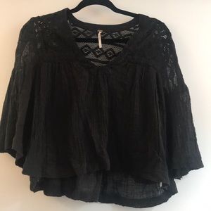 Free People Cropped Lace embroidered Black Top